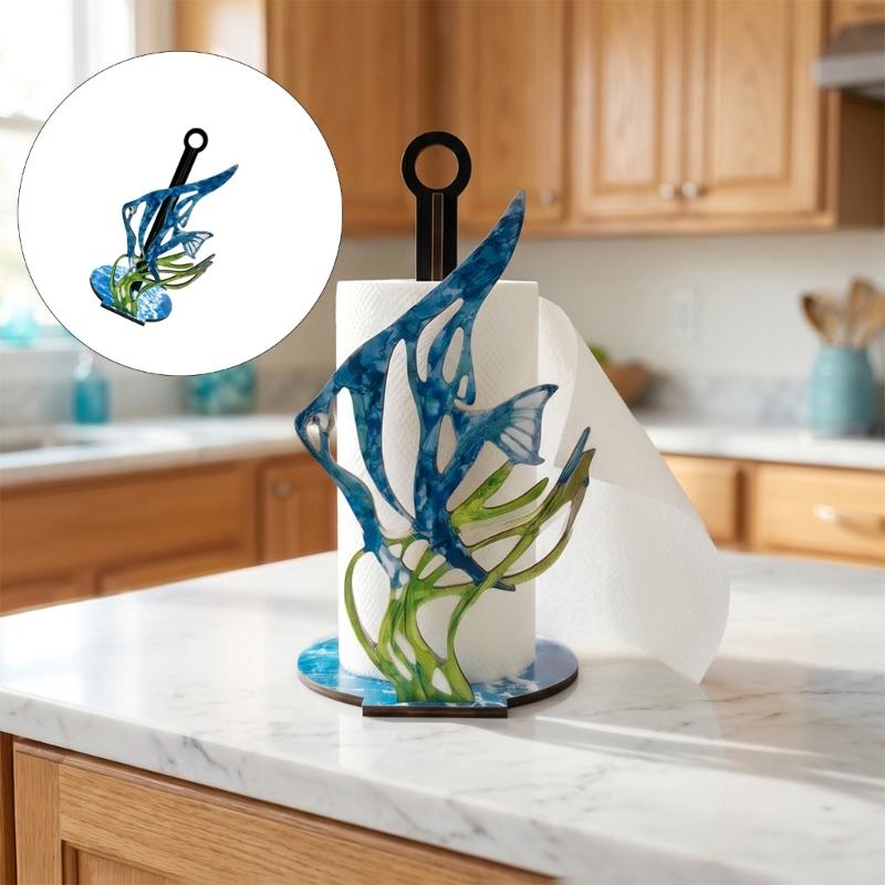 Paper Towel Holder with Wooden Fish and Seaweed Design, Freestanding Tabletop Roll Stand for Kitchen Counter and Dining Table, 10.15 Inch
