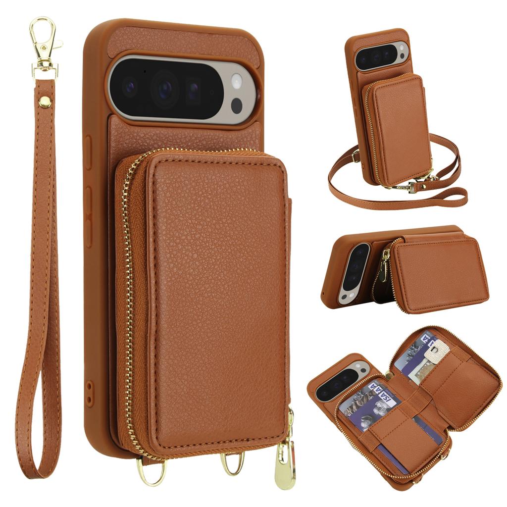 For Google Pixel 9 Pro XL Case RFID Blocking Zipper Wallet Leather + TPU Phone Cover with Shoulder Strap