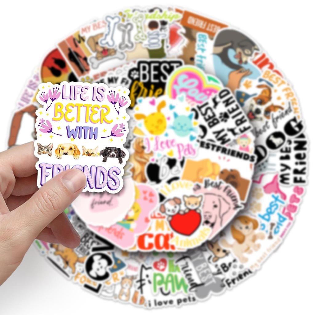 50PCS Pet Friends Graffiti Stickers - Cute English Phrases for Phone Cases & Luggage.