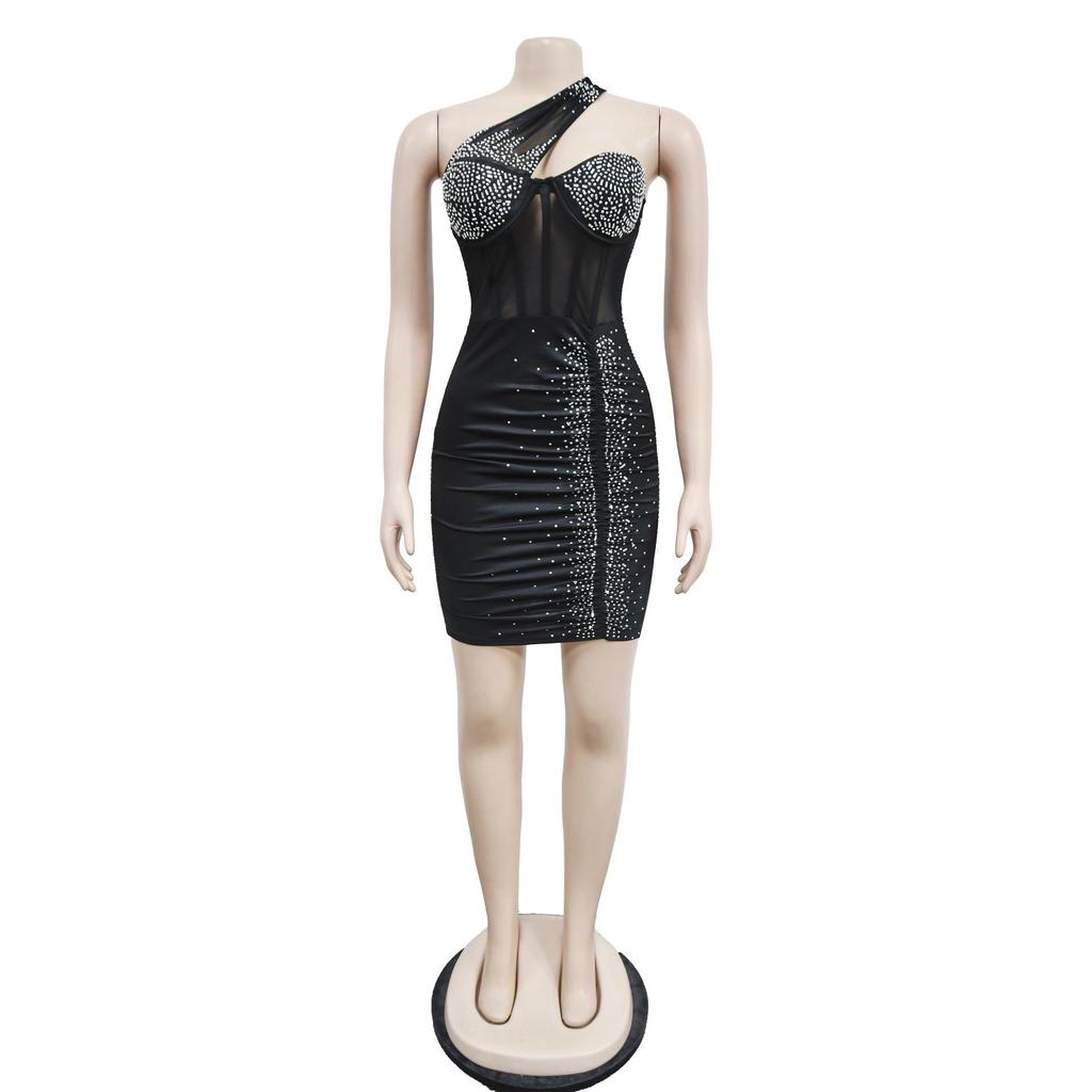C6307 European & American Fashion Women's Solid Color Mesh Asymmetrical Neck Sleeveless Dress