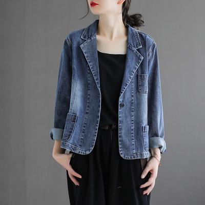 Vintage Denim Blazer Jacket Women Retro Loose Denim Women Spring Autumn Casual Long Sleeve Short Jean Fit Coat Autumn