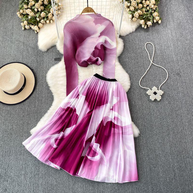 Sanzhai Ruched Celadon High Waist Skirt Fashion Suit