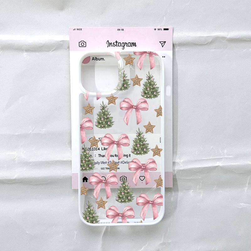 Cute Pink Bowknot Bow Phone Case for IPhone 16 17 15 14 13 12 11 Pro Max 13 12 7 8Plus Cartoon Christmas Style Clear Pink Cover