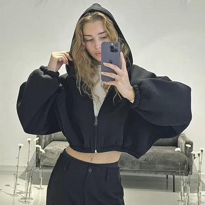 New Style Casual Women's Hoodie Long Sleeve Short Jacket with Zipper Open Cardigan Sweatshirt