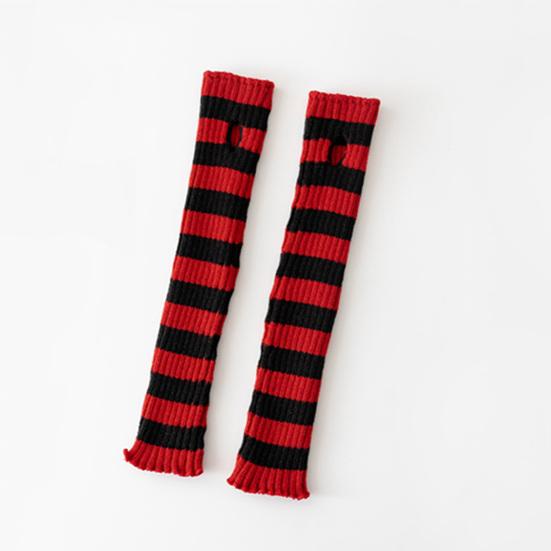 Women Arm Warmer Thumbhole Design Elbow Length Stretchy Knitted Arm Sleeves Red-Black Striped Half Finger Arm Gloves Cosplay Gloves Halloween Costume