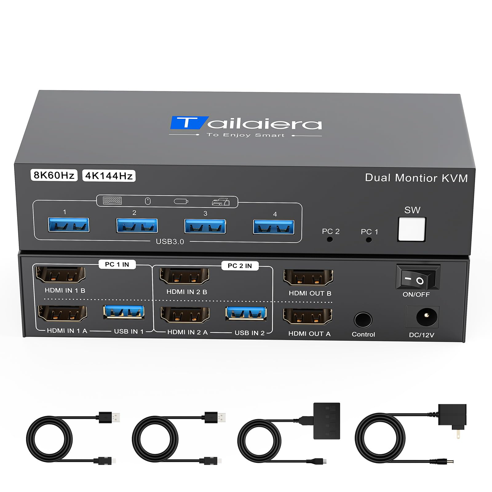 8K HDMI KVM-переключатель, 2 входа/2 выхода, 8K@60 Гц/4K@144 Гц, KVM-переключатель для 2 ПК/2 мониторов, 4 порта USB 3.0, Совместим с клавиатурой/мышью/принтером/O