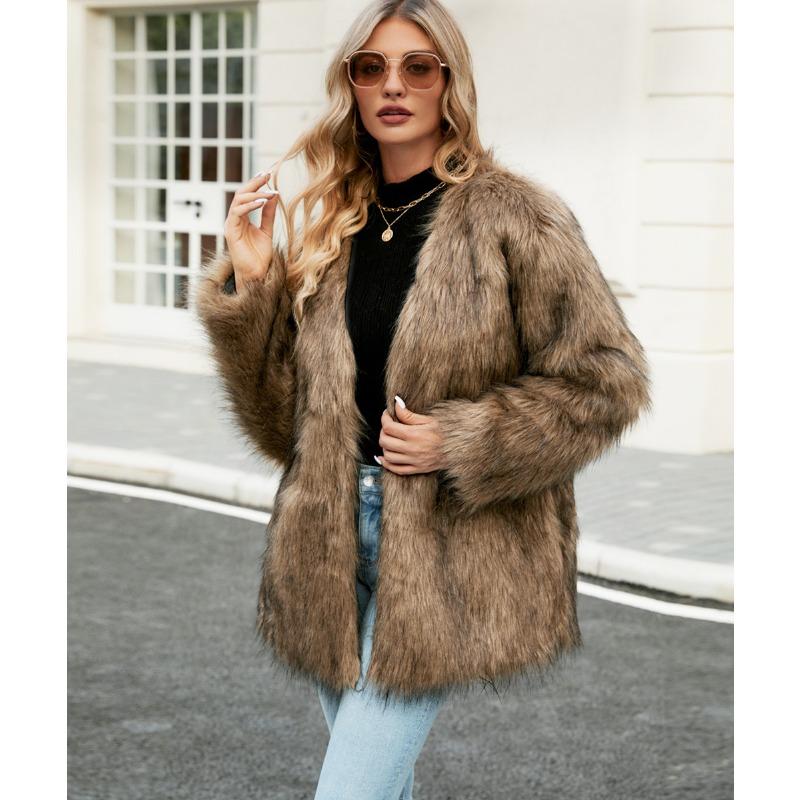 Autumn Winter V-neck Women's Faux Fur Jacket Warm Fashion Casual Short Top Oversize Coat Artificial Fur