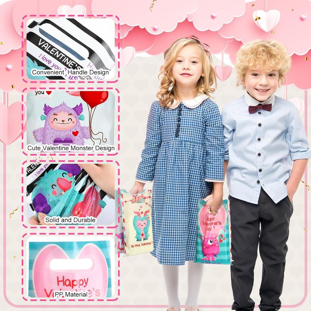 Jetec 240 Pieces Valentine's Day Plastic Gift Bags for Kids Valentine Monster Treat Bags Small Candy Bags Valentine's Day Goodie Bags with Handle