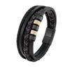 Men's Handmade Black Cowhide Leather and Titanium Steel Multi-layer Bracelet