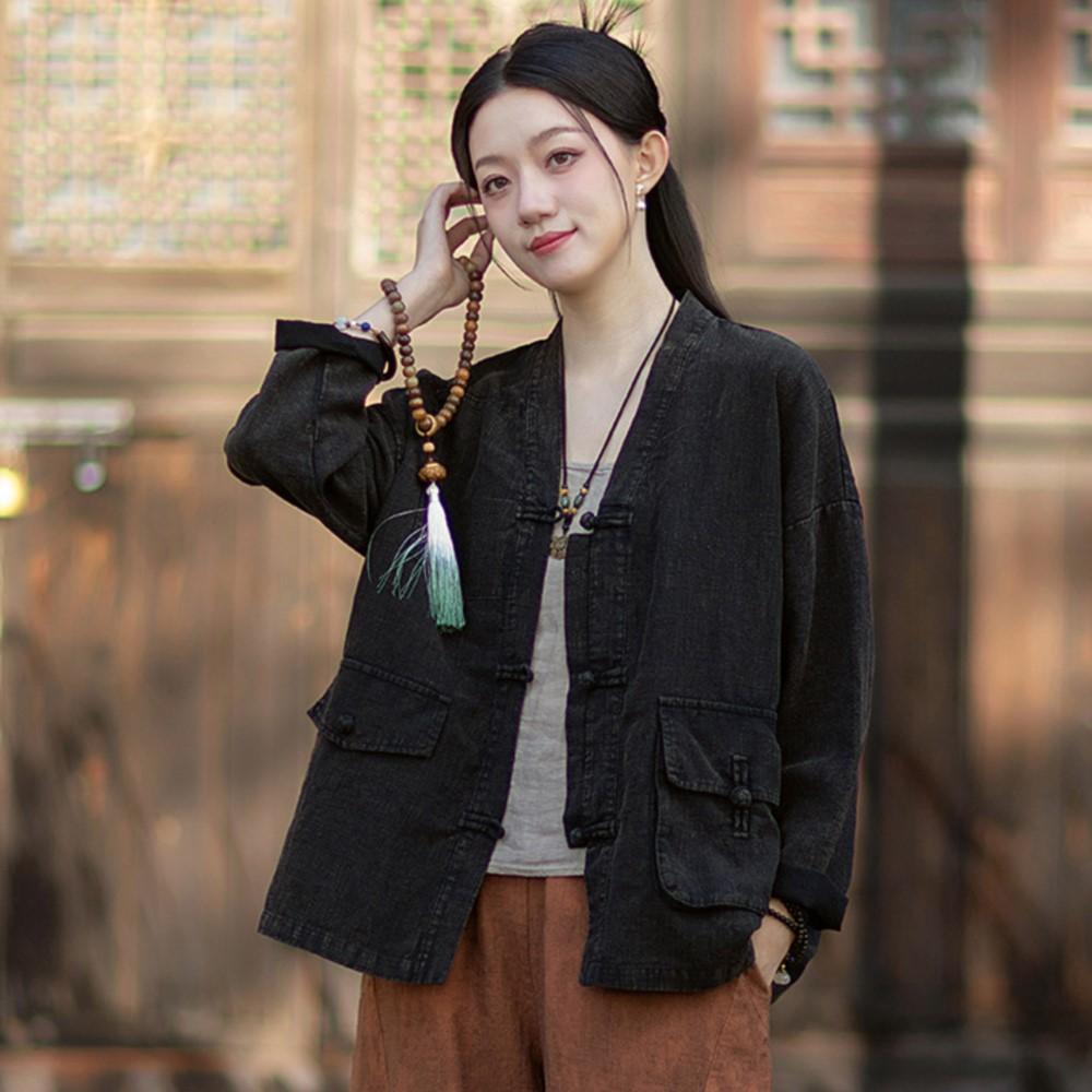 Johnature Women Vintage Shirts Tops Spring Chinese Style Button Blouses Patchwork Pockets Shirts