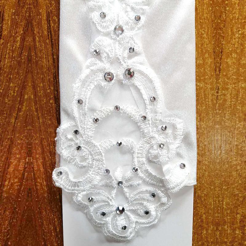 Bridal Wedding Evening Gown Satin Gloves with Rhinestone Flowers for Photo Shoots