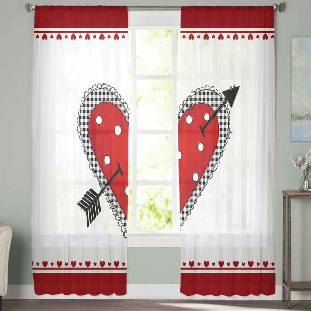 Valentinstag-Vorhänge mit rotem Herz und Pfeil, moderne Tüllvorhänge für Wohnzimmer, Schlafzimmer, Küche, Fenster, transparente Vorhänge