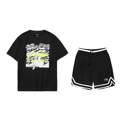 College Style Solid Color Round Neck Short Sleeve Fashion Comfortable Simple Shorts Casual Sports Suit Unisex Suit Black AHSUA21-2+YAPV001-1