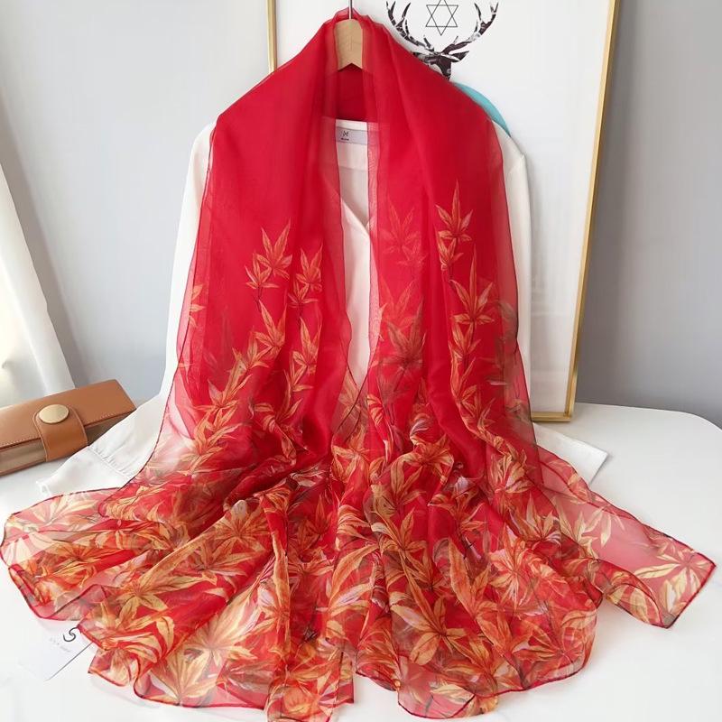 Classic Floral Silk Gauze Scarf - Versatile, Lightweight Sun Protection Shawl for Women, Ideal for Spring, Summer, and Autumn