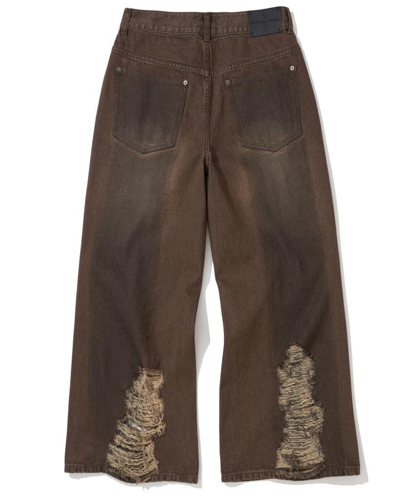 NOT4NERD Distressed Oil Washed Wide Denim Pants - Brown