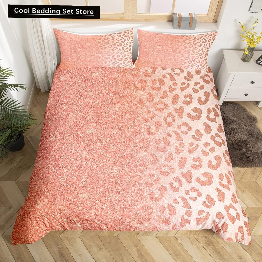 Pink Leopard King Queen Duvet Cover Girly Glitter Bedding Set Cheetah Skin Pattern Quilt Cover 2/3pcs Polyester Comforter Cover