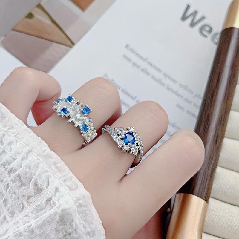 Light Luxury Full Diamond Sea Blue Zircon High-End Open Ring Gypsy Star Niche Design Butterfly Personalized Index Finger Ring Female