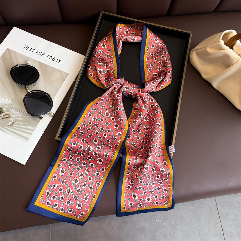 Floral Literary and Artistic Style Silk Scarf, Small Long Strip, Light Luxury Streamer, Tied Bag Decoration, Double-layer Scarf, Headband, Printed