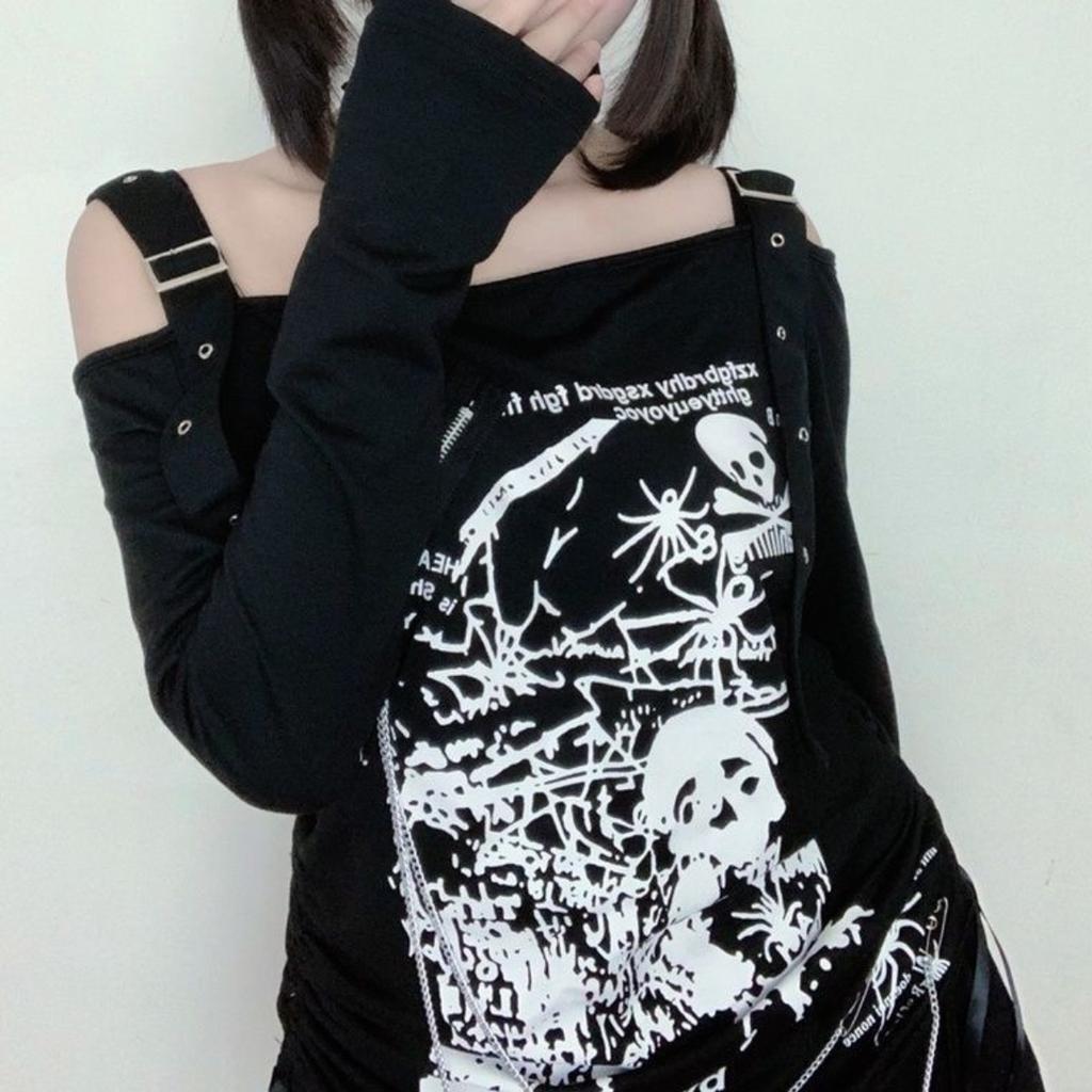 VAYLA Y2K Woman Clothing arcane stitch T-shirts Goth Punk Off Shoulder Long Sleeve Casual Vintage Sexy Streetwear Skulls tops