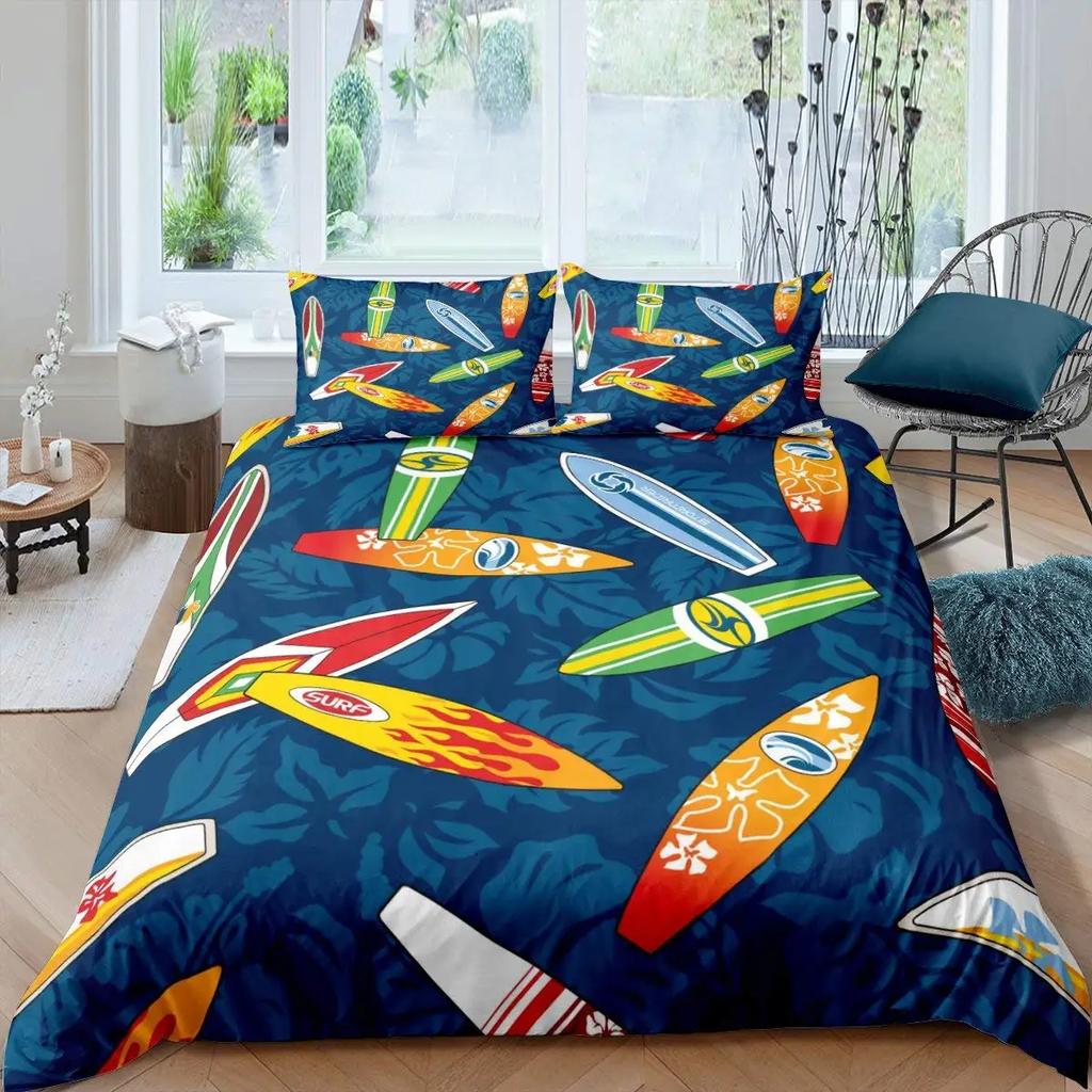 Surf Duvet Cover Set Retro Posters Group Summer Vacation Theme Water Sports California Beach Surfboard Wood Board Bedding Sets
