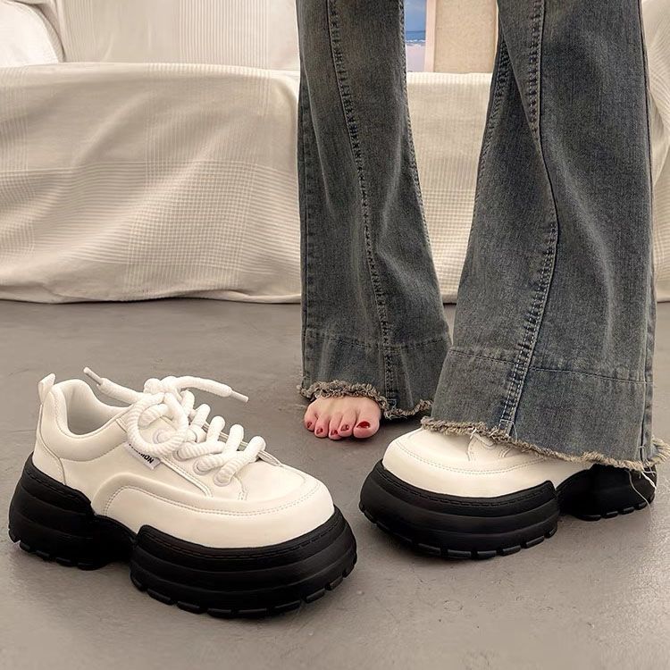 High end thick soled white shoes for women's spring versatile board shoes  new height increasing casual sports dad shoes