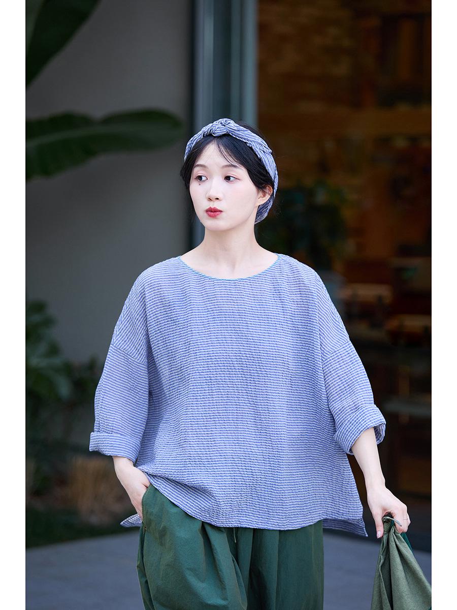 Summer Retro Blue & White Striped Cotton Linen Breathable Loose Pullover L