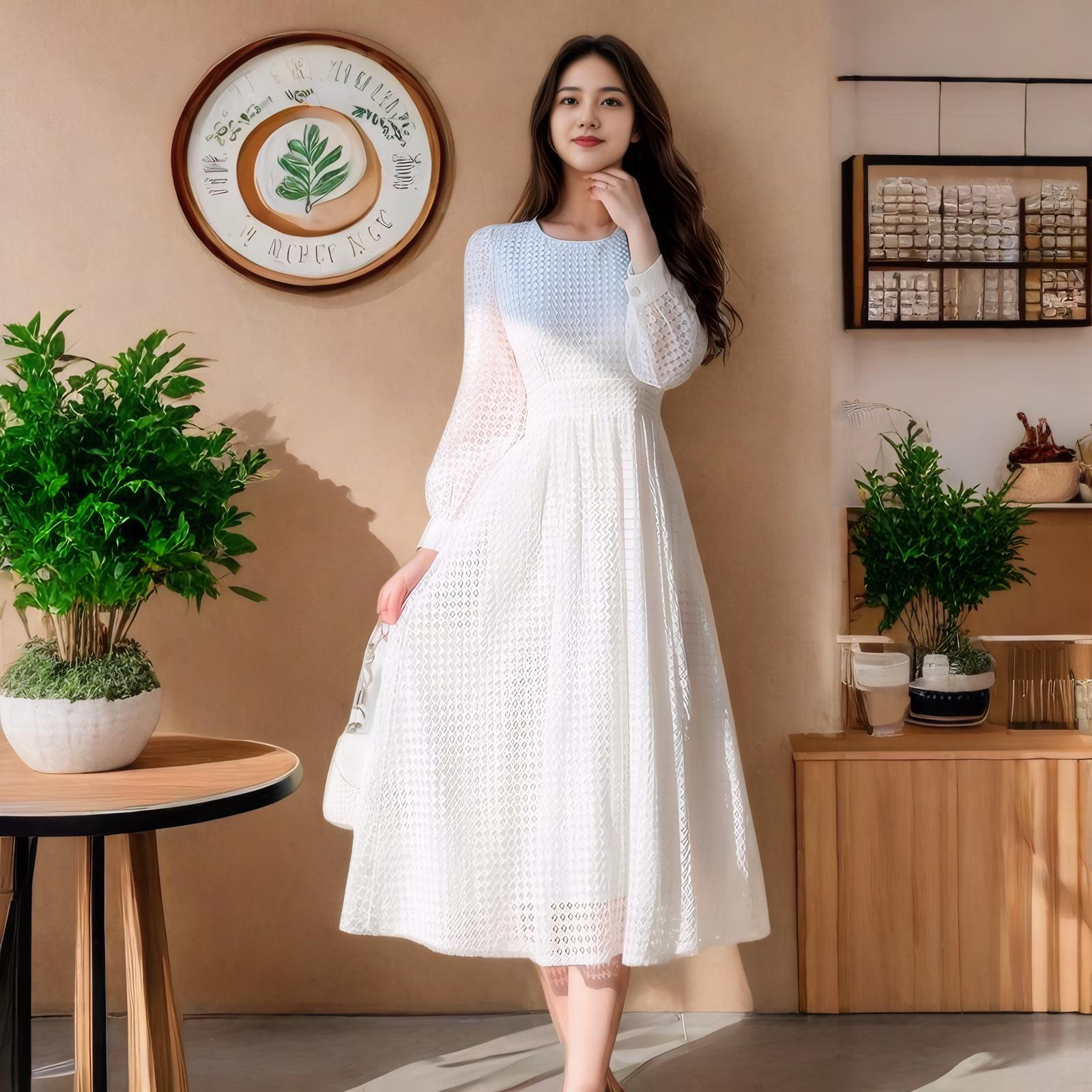 

Платье-футляр с длинными рукавами и тонкой талией из французского кружева, весна 2025 г. XL грязно-белый