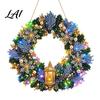 DIY Home Holiday Decor Acrylic Christmas Hanging Kit Art Faux Pearl Lighted Wreath 3D Beaded Craft Sparkling Gemstone Set Kit with LED String Light