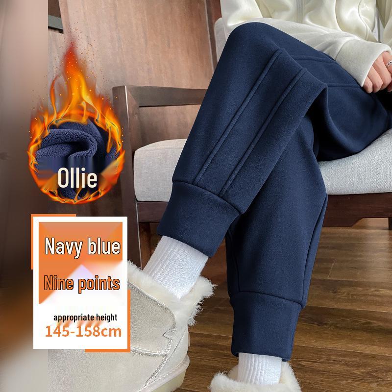 Women's Dark Blue Fleece-Lined Windproof Harem Sweatpants - Loose, Cuffed, Thick, and Warm for Autumn and Winter