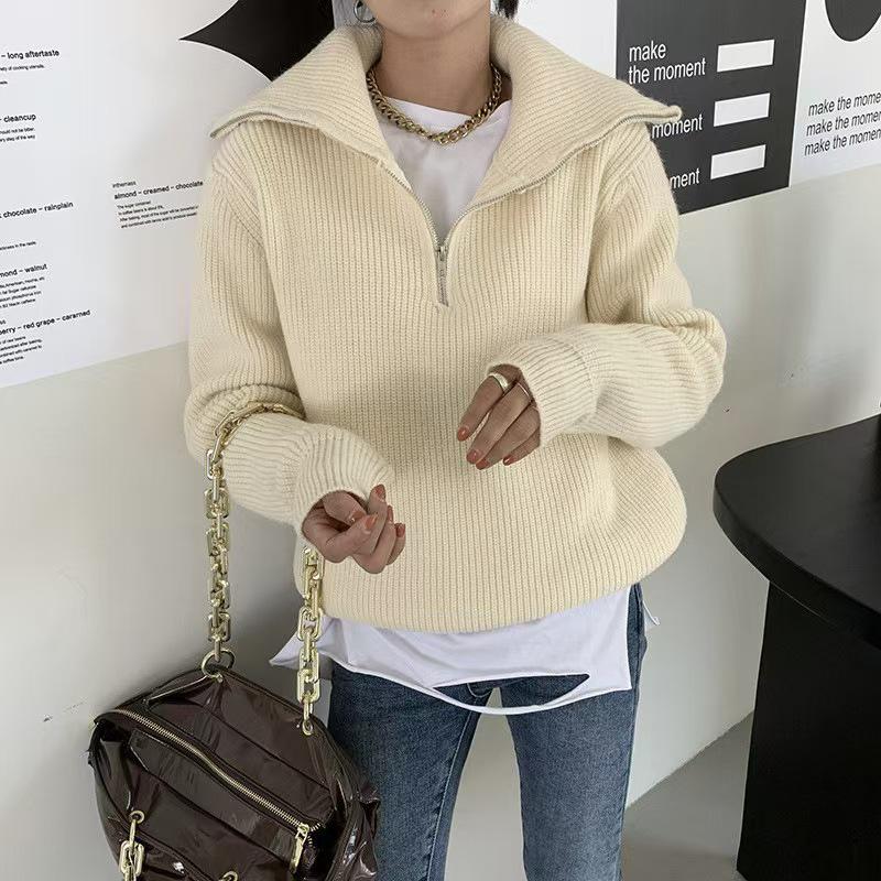 Autumn Loose Solid Color Half-Zip Knit Sweater with Turn-Down Collar for Women