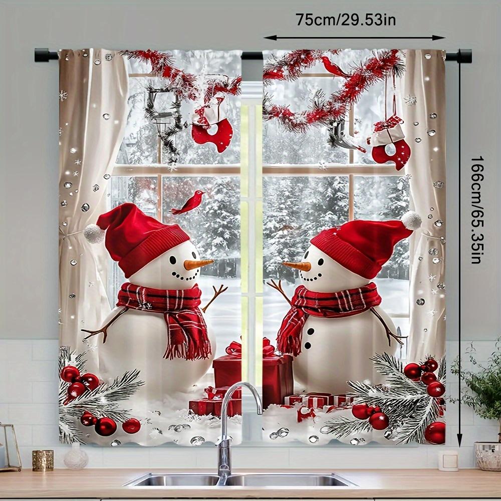 2pcs Christmas Snowman Sheer Curtains – Festive Winter Scene Print Polyester for Living Room   Bedroom & Office