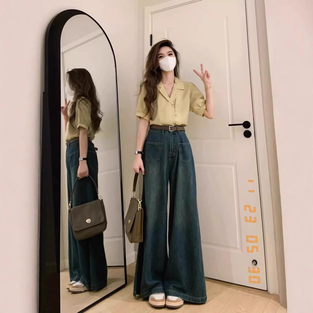 

Маленькие винтажные синие джинсы с высокой посадкой и широкими штанинами для женщин - Весенне-осенний свободный дизайн с прямыми штанинами до пола 3XL синий