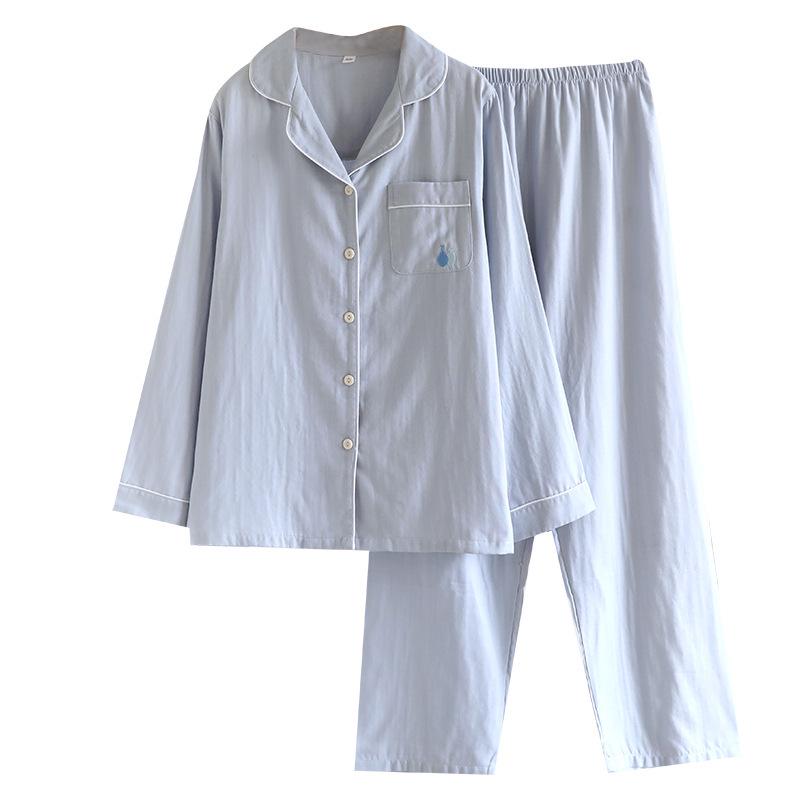 Women's Pure Cotton Gauze Pajamas - Long Sleeve, Double Layer, Thin, Casual Cardigan, Solid Color, Spring & Autumn Home Wear