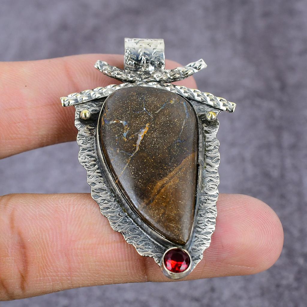 Natural Boulder Opal, Garnet Handmade 925 Sterling Silver Pendant 2.22" P9H85
