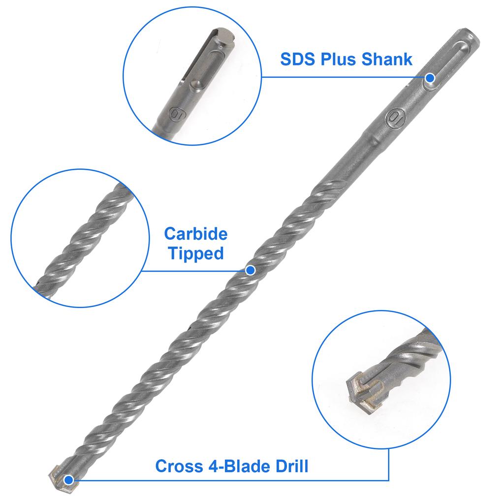 10PCS SDS Plus Hammer Drill Bit Set 5mm~12mm Concrete Cross Drill Bits for Granite, Walls, Ceramic Tile, Stone, Concrete