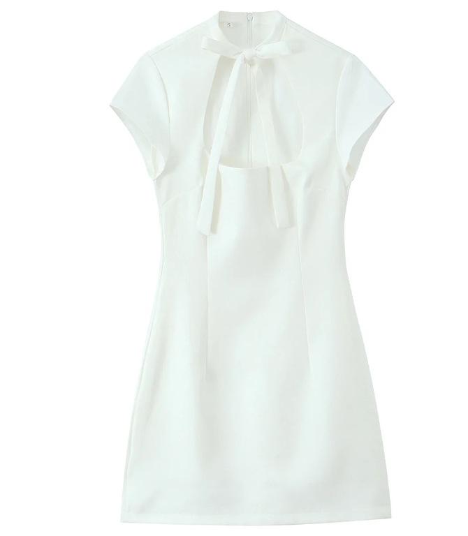 European American Women's Fashion Polka Dot Short Dress with Bow Decoration