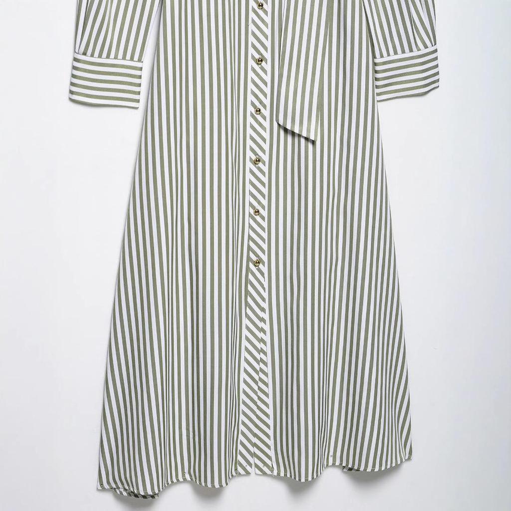 2025 Spring Women's European & American Striped Belted Midi Dress