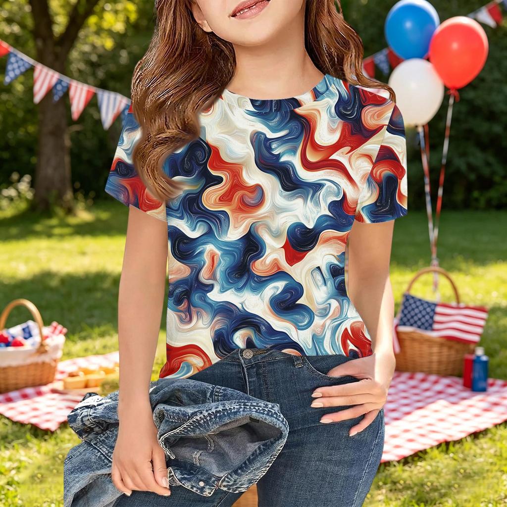 Girls Short Sleeve T Shirt Independence Day Print Kids Casual Tee Top Lightweight Breathable Soft Fabric Summer Shirt for Children