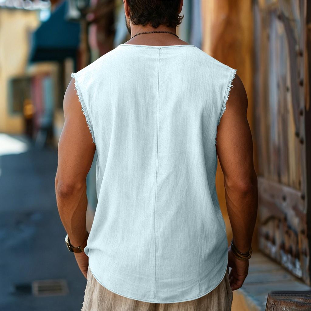 Men’s Sleeveless Henley Shirt Casual Loose Fit Linen Top with Armholes and Button Placket for Summer Daily Wear