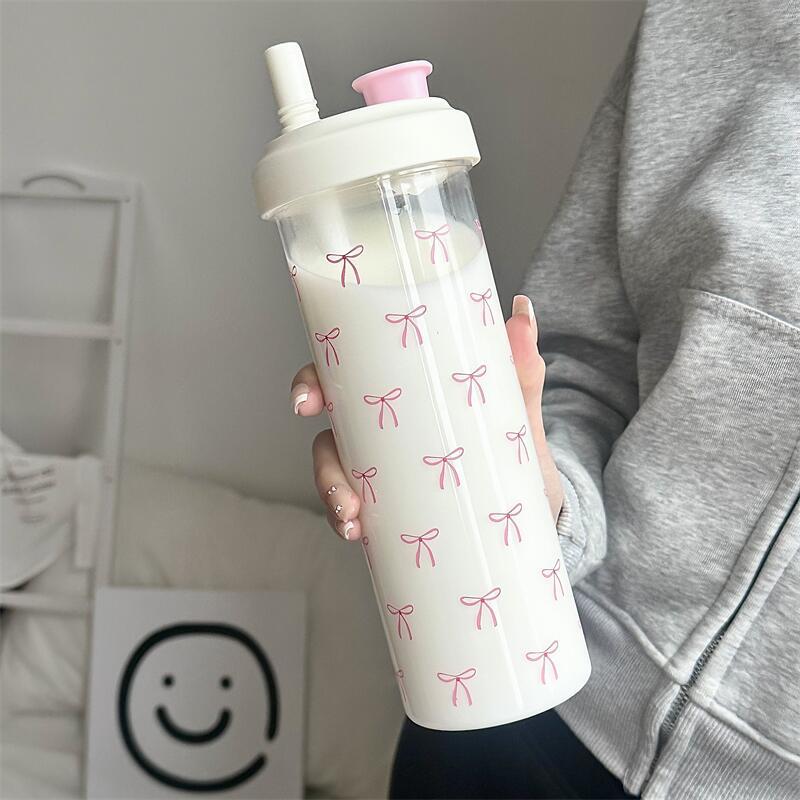 700ml Portable Large Capacity Women Water Cup Pink Bow Print Tumbler Water Bottle with Straw Lid Girly Attractive Drinking Cup