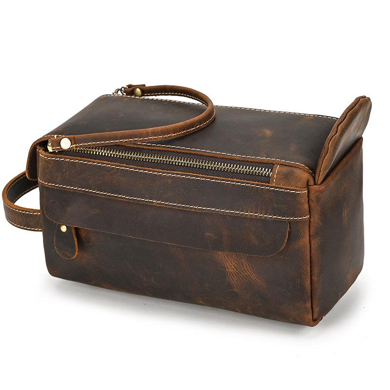 Casual Mens Leather Clutch Wallet Long Handbag Genuine Leather Zipper Hand Clutch Bag Wash Storage Bag toiletry bag men women