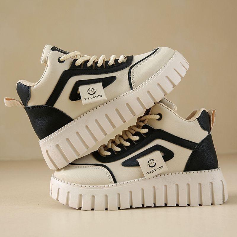 

Кеды женские 2025 новые весна-осень кожаные водонепроницаемые и нескользящие кроссовки для бега на платформе с высоким верхом модная женская обувь 40 чёрный