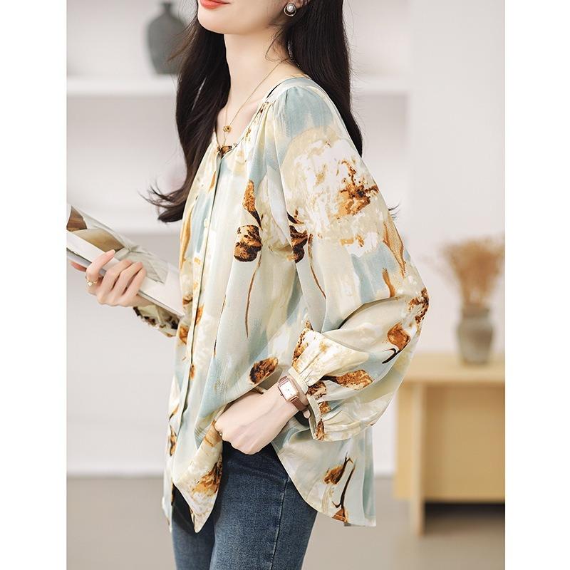 Spring New Floral Fashion Versatile Chiffon Shirt Long-sleeved Round Neck Printed Women's Top