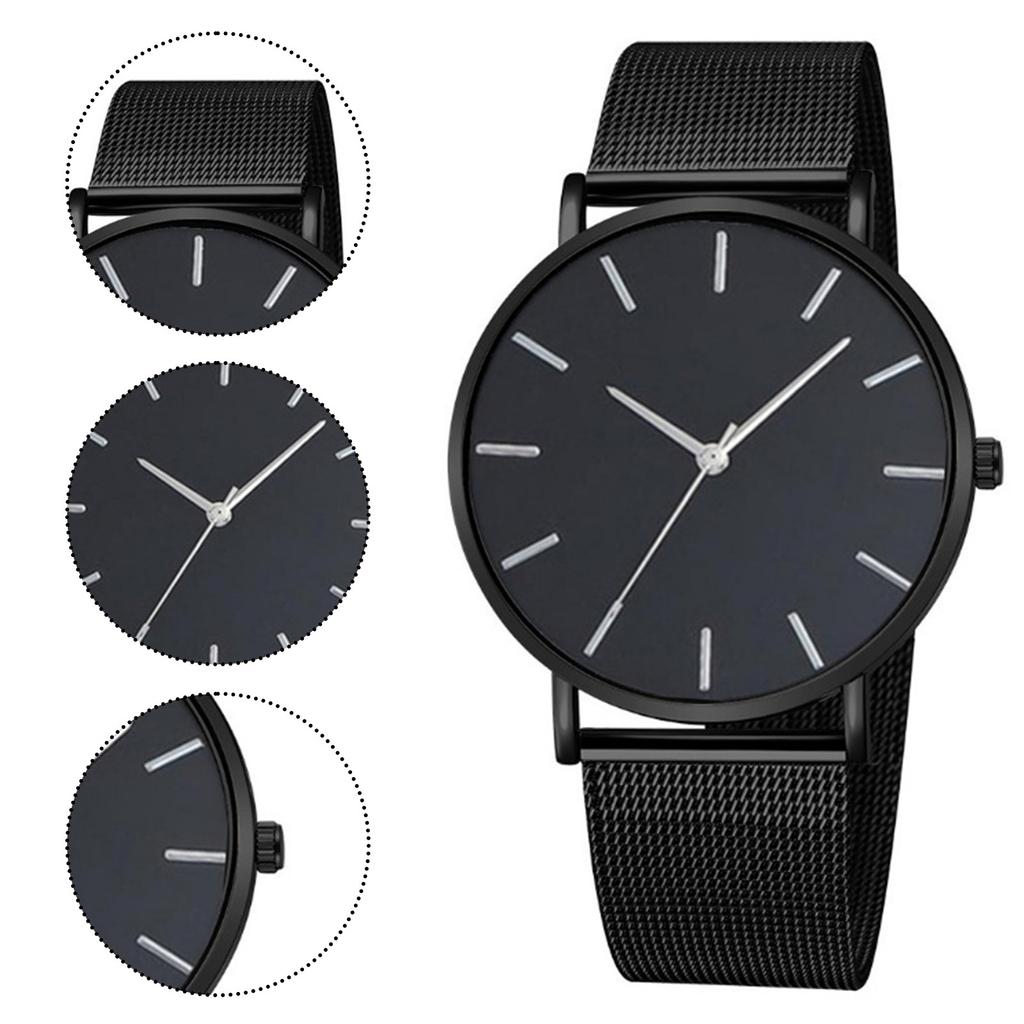 Trendy Minimalist Men’s Watch Modern Black Mesh Band Quartz Watch Chic Gold Accent Matte Black Face Slim Round Case Wristwatch
