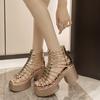 Women's High Heel Sandals Hollow Short Boots Summer Women Shoes Black Square Toe Platform Back Zipper Fashion Sandales Femme