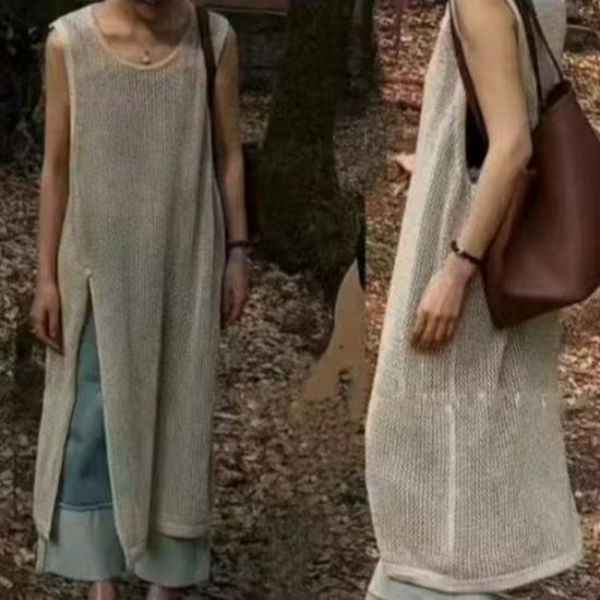

Women s 2026 Summer Resort Knit Midi Skirt & Cardigan Set - Hollow-Patterned Long Split Vest Dress One Size [80-120] абрикосовый