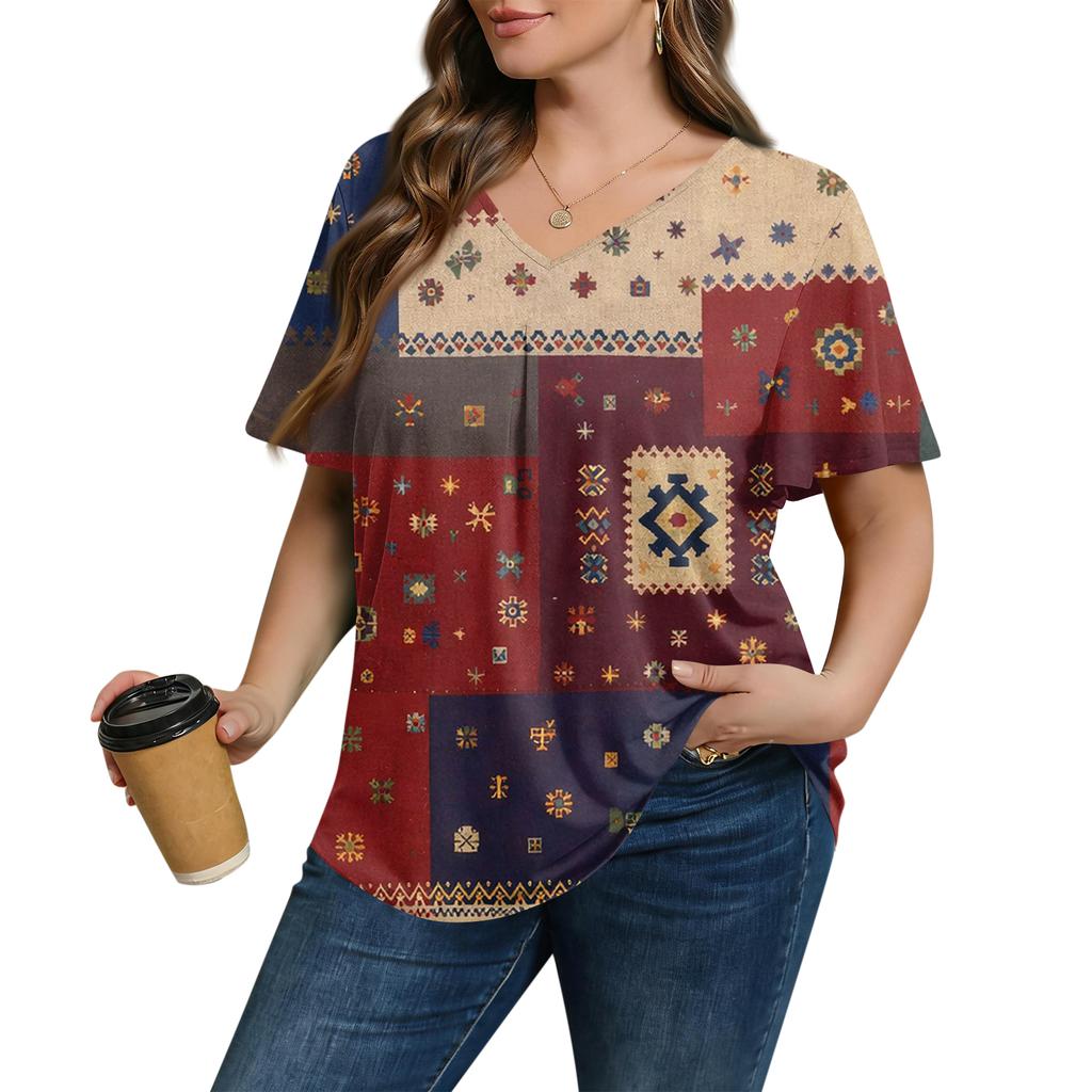 Women's Plus Size Fashionable Casual Loose-Fit Short Sleeve Elegant V Neck Blouse For Work