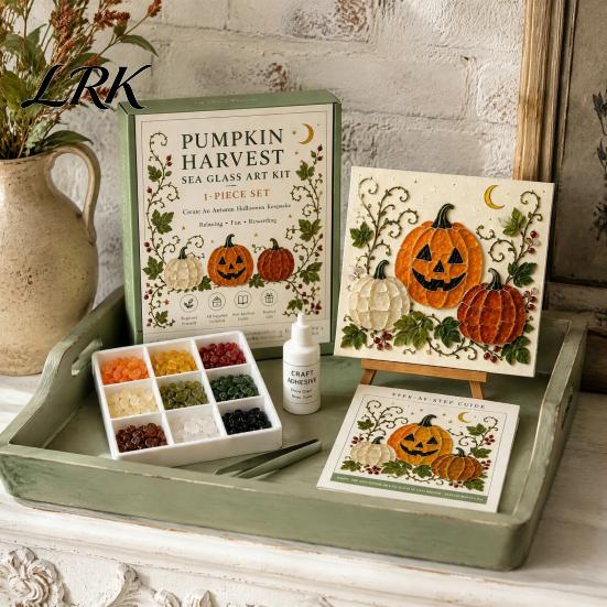 Easy Craft Kit for Beginners Halloween Sea Glass Art DIY Kit, Ghost Black Cat Owl Raven Pumpkin Creative Journey Gift Set Mosaic Set, Beginner