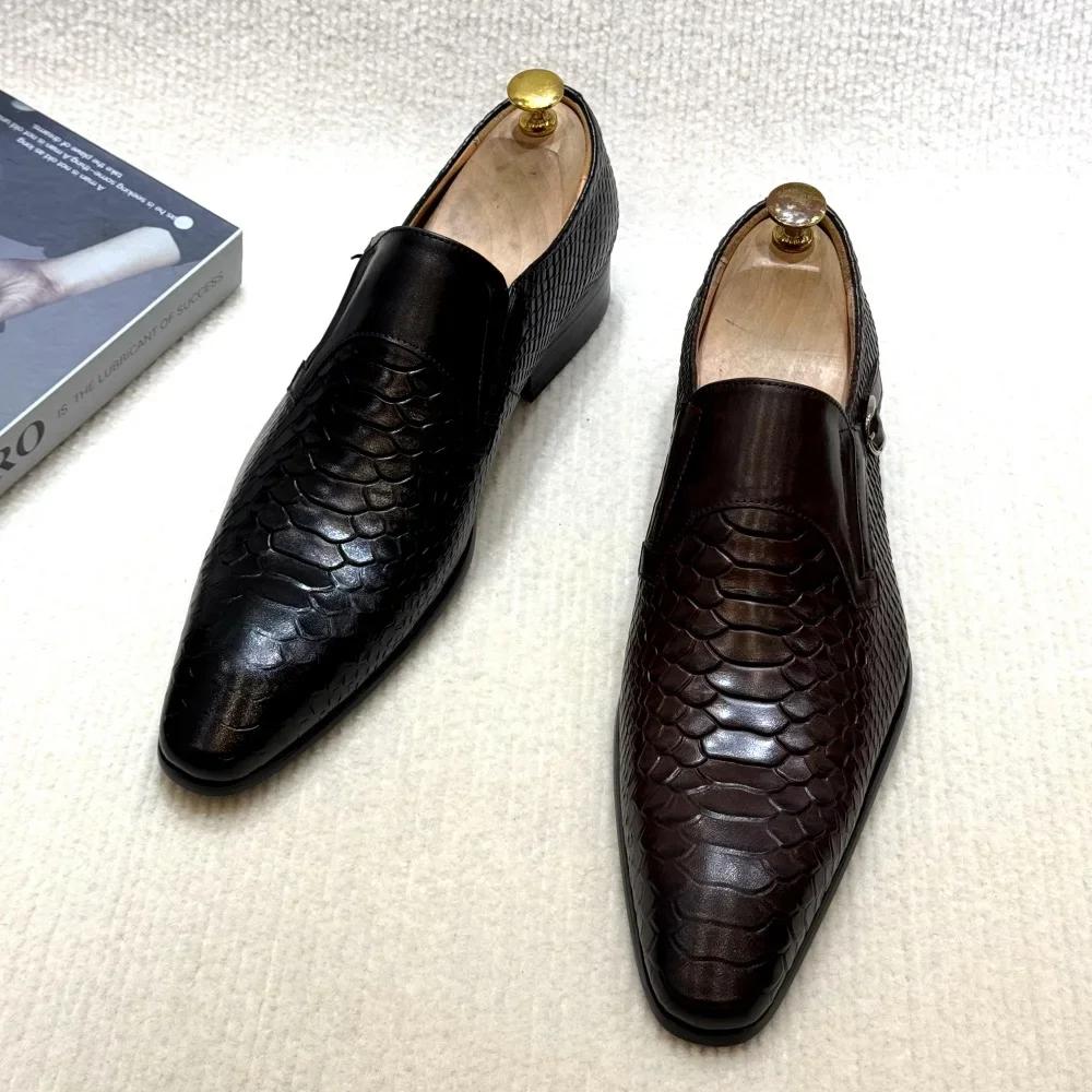 Fashion Men's Luxury Italian Leather Oxford Shoes Plaid Print Lace-Up Formal Black/Brown Office Wedding Fashionable New Arrival