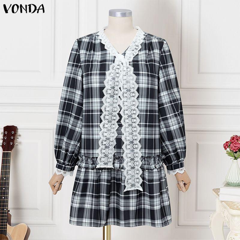 VONDA Elegant Women Casual Long Sleeve Lace Bow Knot Plaid Print Ruffled Dress